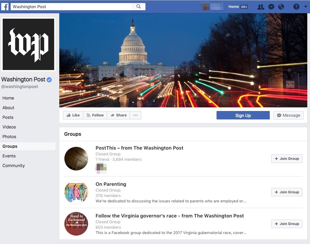 Washington Post groups as an example of facebook community engagements in groups.